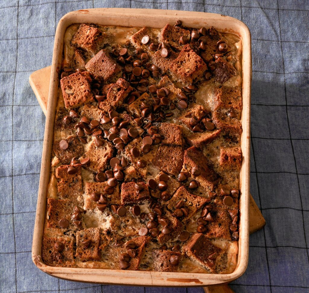 Pumpkin Bread Pudding Recipe_Excerpted with permission from New Native Kitchen by Freddie Bitsoie and James O. Fraioli. Copyright © 2021 Freddie Bitsoie and James O. Fraioli. Published by Abrams, 2021. Photo copyright © 2021 Quentin Bacon.