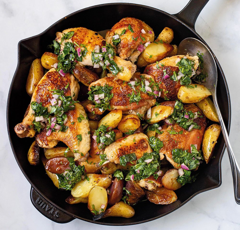 Cast-Iron Skillet Chicken with Fingerling Potatoes recipe. Reprinted with permission from Peace Love and Pasta by Scott Conant, © 2021 Scott Conant. Published by Abrams. Photographs © 2021 Ken Goodman.