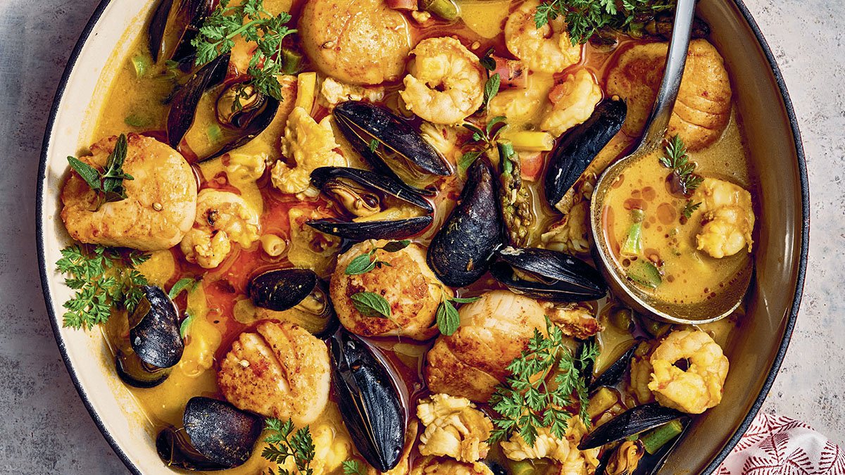 Seafood Mulligatawny recipe Reprinted with permission from Masala: Recipes from India, the Land of Spices by Anita Jaisinghani, copyright © 2022. Published by Ten Speed Press, an imprint of Penguin Random House.” Photographs copyright © 2022 by Johnny Autry.