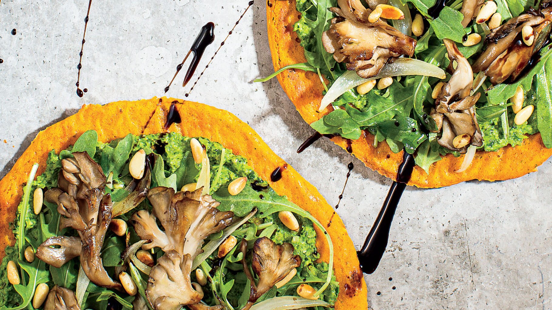 Sweet Potato Pizza with Maitakes recipe Excerpted from Nourish: Plant-Based Recipes To Feed Body Mind And Soul by Terry Walters