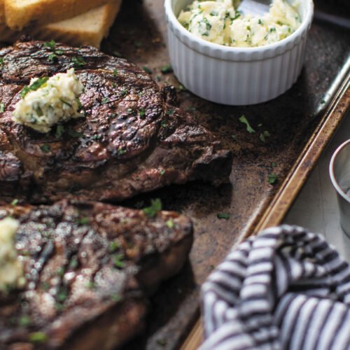 Grilled rib eye steaks recipe excerpted from Butcher on the Block by Matt Moore. © Matt Moore 2023. Published by Harvest, an imprint of HarperCollins. Photos © Andrea Behrends.