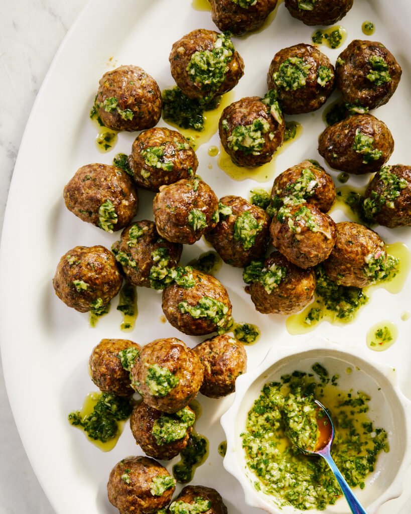 Chimichurri Meatballs excerpted from Big Bites by Kat Ashmore.