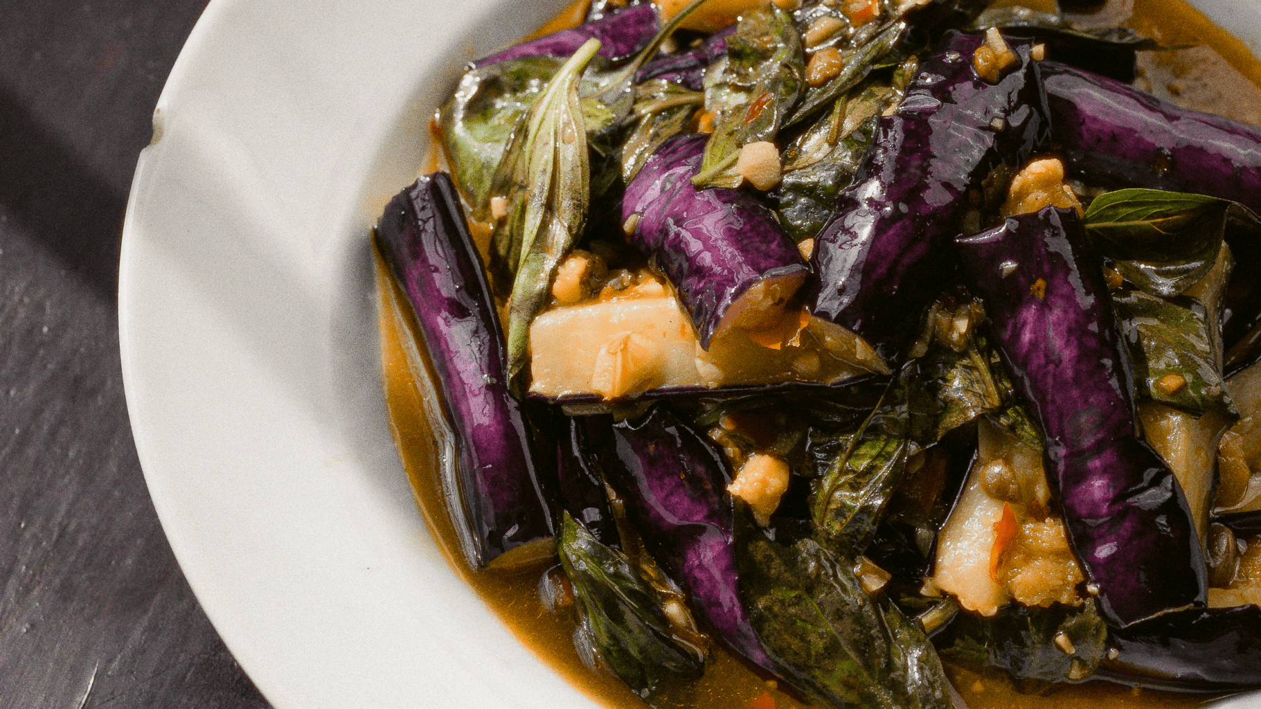 Basil-Fragrant Eggplant excerpted from A-Gong’s Table by George Lee.