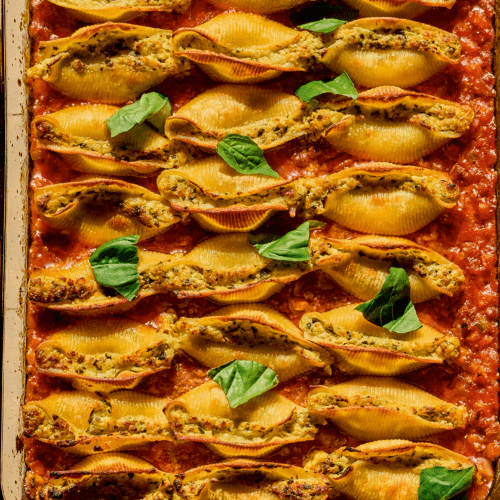 Pesto and Ricotta Stuffed Shells with Tomato Sauce excerpted from Cured by Steve McHugh & Paula Forbes.